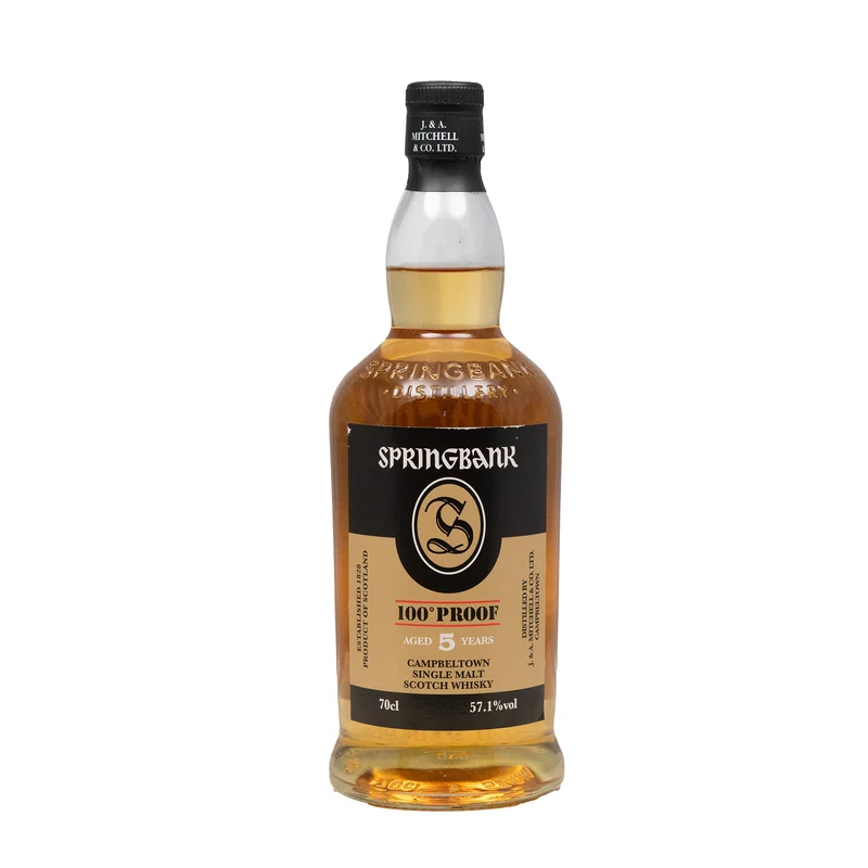 A bottle of Springbank 5 Year Old Single Malt Whisky 100 Proof Release